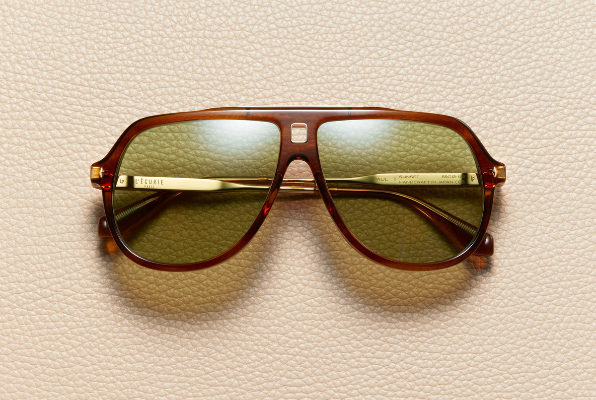 Paul Sunset acetate aviator sunglasses with moss green lenses and 18K gold-plated titanium temples, L'Écurie Paris
