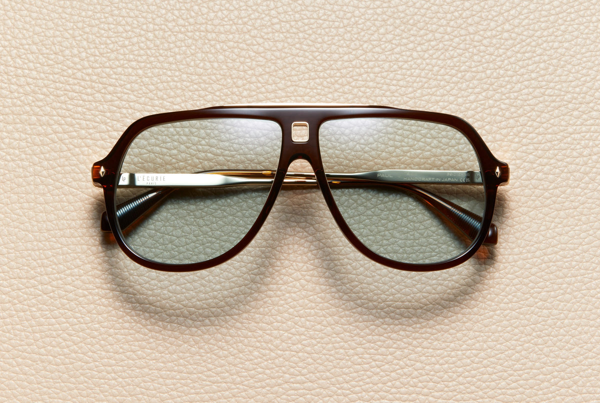 Paul Teak acetate aviator sunglasses with dusty blue lenses and 18K gold-plated titanium temples, L'Écurie Paris