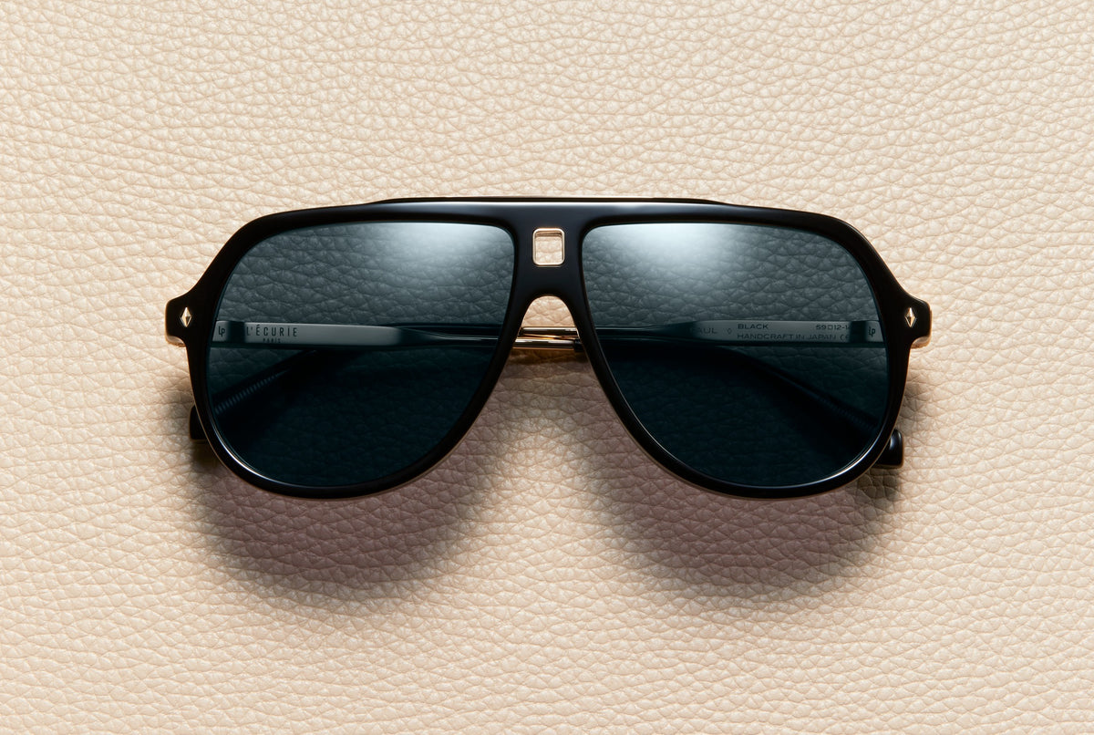 Paul Black acetate aviator sunglasses with black lux lenses and 18K gold-plated titanium temples, L'Écurie Paris