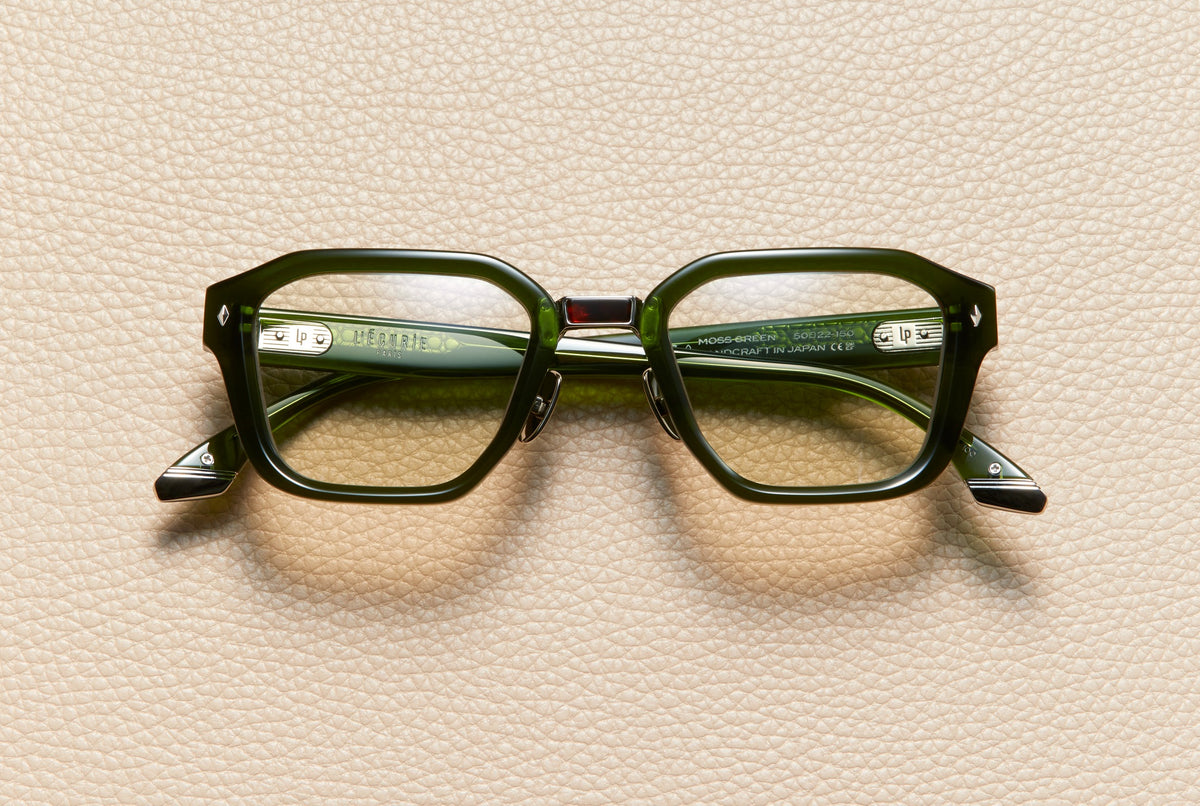 Yves Moss Green acetate square sunglasses with light amber lenses and 14K white gold-plated titanium bridge, L'Écurie Paris
