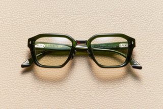 Yves Moss Green acetate square sunglasses with light amber lenses and 14K white gold-plated titanium bridge, L'Écurie Paris
