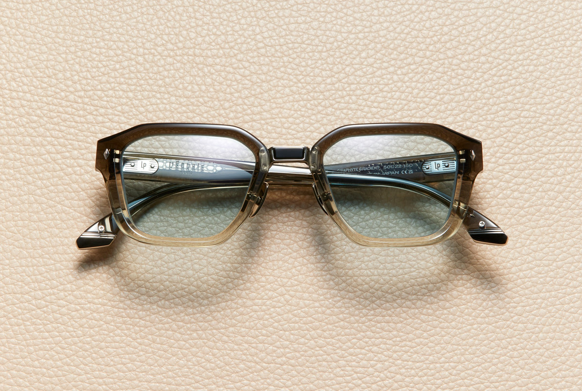 Yves Graphite Gradient acetate square sunglasses with dusty blue lenses and 14K white gold-plated titanium bridge, L'Écurie Paris