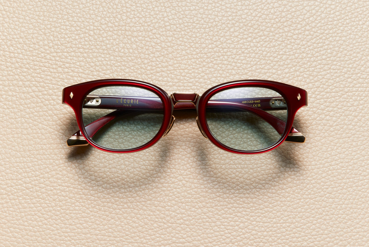 Raphael Burgundy acetate panto sunglasses with dusty blue lenses and an 18K gold-plated titanium bridge, L'Écurie Paris