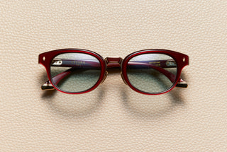 Raphael Burgundy acetate panto sunglasses with dusty blue lenses and an 18K gold-plated titanium bridge, L'Écurie Paris