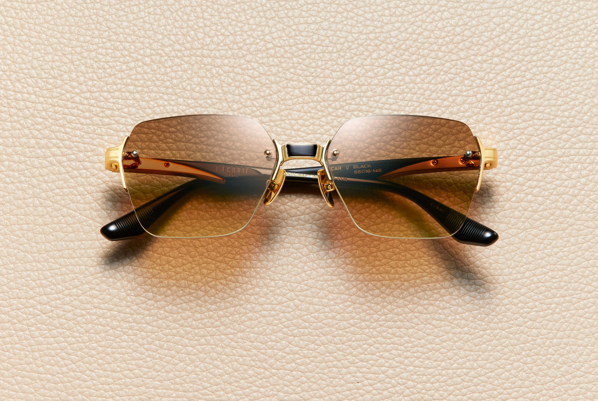 Oscar Black Brown Gradient rimless sunglasses in black acetate and 18K gold-plated titanium, L'Écurie Paris