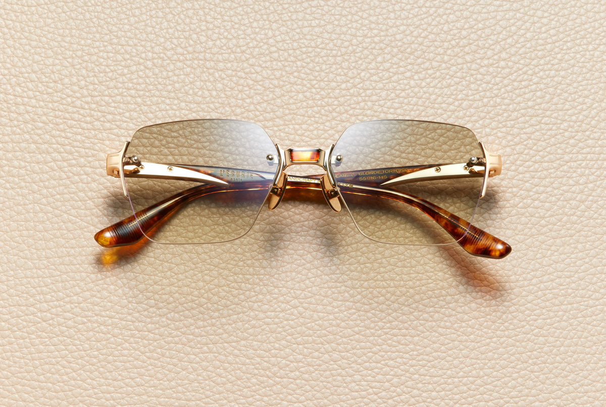 Oscar Blonde Tortoise rimless sunglasses with light sage gradient lenses and 18K gold-plated titanium, L'Écurie Paris