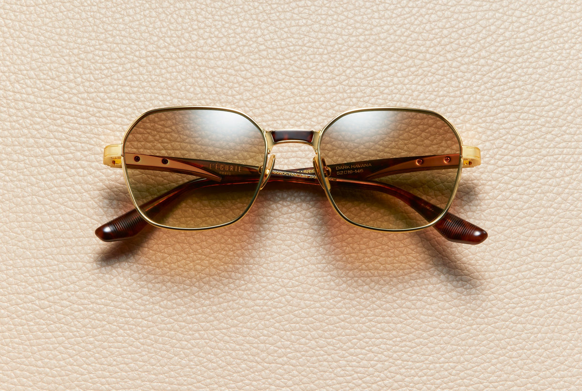 Gabriel Dark Havana sunglasses by L'Écurie Paris, geometric 24K gold-plated titanium frame with dark havana acetate and brown gradient lenses