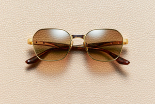 Gabriel Dark Havana sunglasses by L'Écurie Paris, geometric 24K gold-plated titanium frame with dark havana acetate and brown gradient lenses