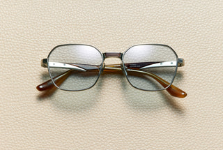 Gabriel Terra sunglasses by L'Écurie Paris, geometric 14K white gold-plated titanium frame with terra acetate and dusty blue lenses