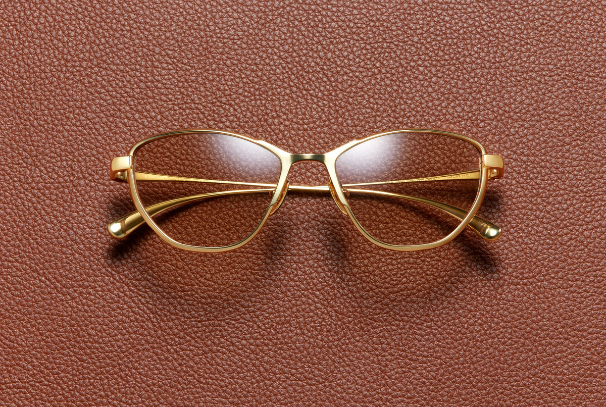Mia cat-eye optical frame in 24K yellow gold plated titanium by L'Écurie Paris