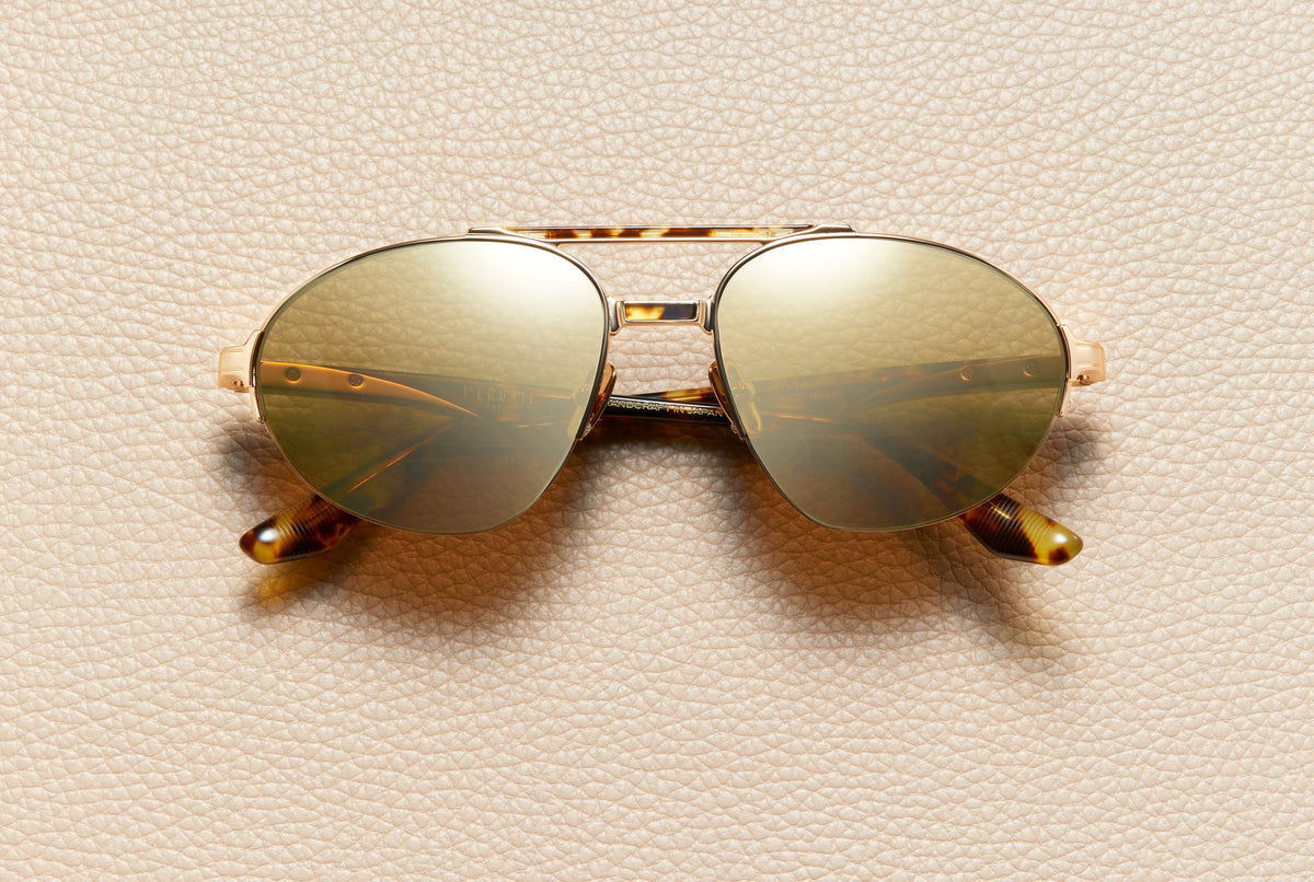 John Tortoise aviator sunglasses by L'Écurie Paris in 18K gold-plated titanium and tortoise acetate with gold mirror lenses