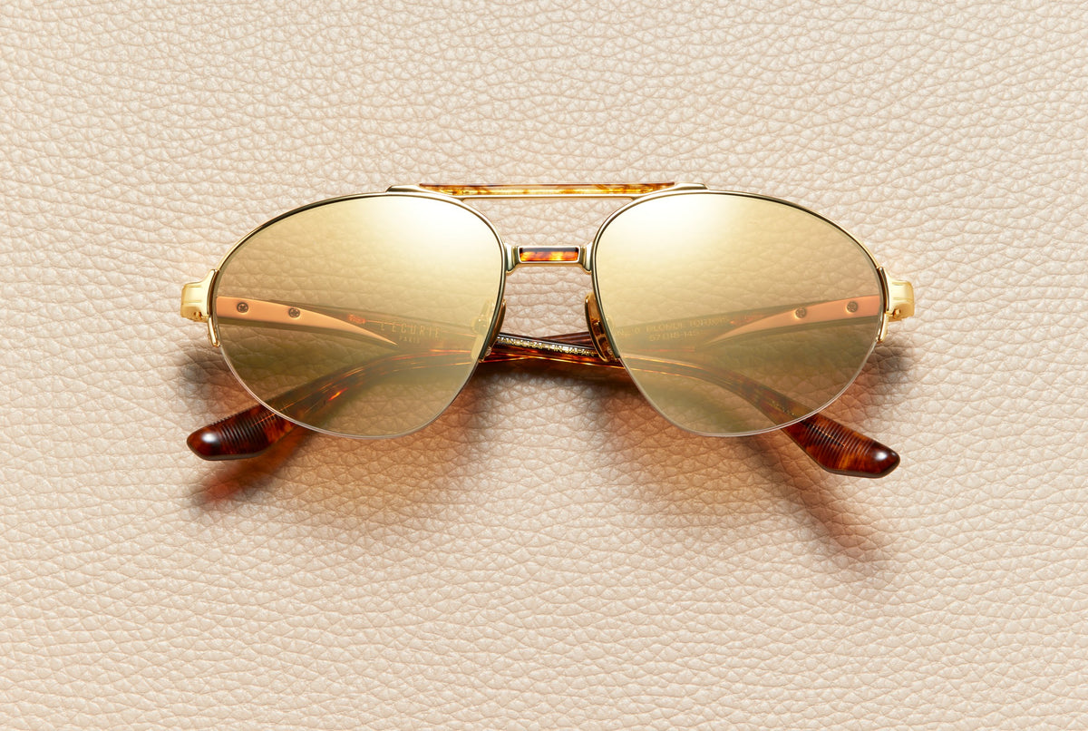 John Blonde Tortoise aviator sunglasses by L'Écurie Paris in 24K gold-plated titanium and blonde tortoise acetate with golden summer gradient lenses