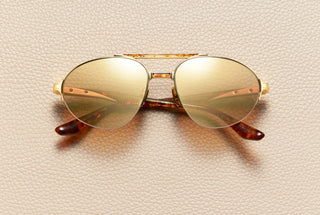 John Blonde Tortoise aviator sunglasses by L'Écurie Paris in 24K gold-plated titanium and blonde tortoise acetate with golden summer gradient lenses