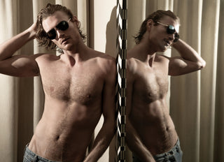 John VanBeber in mirrored reflection wearing L'Ecurie Paris sunglasses, Fashion For Men editorial