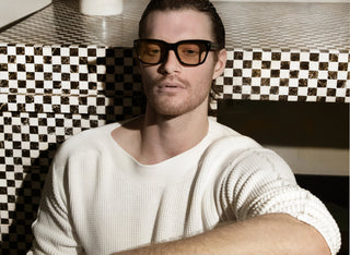 John VanBeber in white knit wearing L'Ecurie Paris sunglasses, Fashion For Men editorial