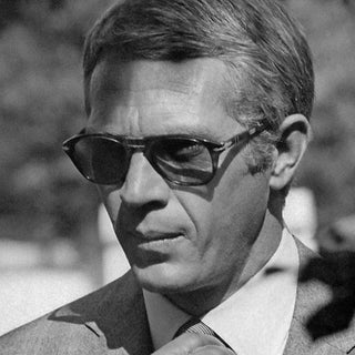 Steve McQueen in sunglasses, black and white portrait