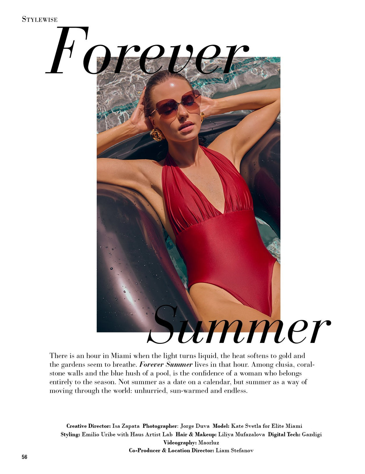 Forever Summer, Key Biscayne Magazine August 2026: Kate Svetla on a pool float wearing L’Écurie Paris Papillon Ruby Gradient sunglasses