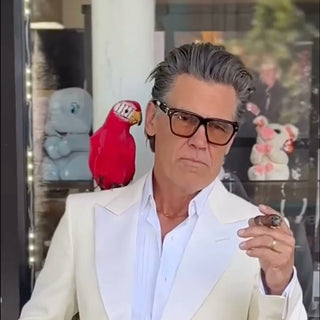 Josh Brolin in a white tuxedo with a parrot on his shoulder, wearing L'Écurie Paris Victor sunglasses, PERFECT Issue 11